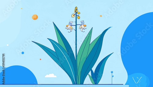 A stylized illustration of a plant with large, blue-green leaves and delicate yellow and white flowers against a light blue sky with colorful dots
