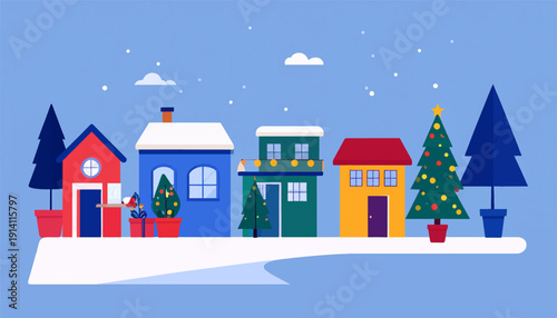 A whimsical winter village with colorful houses and festive trees under a snowy sky