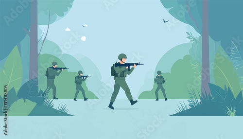 Soldiers in tactical formation advance through a serene, stylized jungle environment