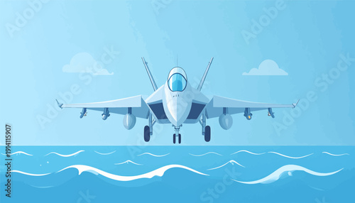 A modern jet fighter flies low over a calm blue ocean with fluffy clouds in the sky