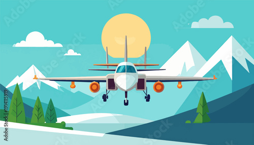 A modern jet flies across a bright sky with mountains and trees