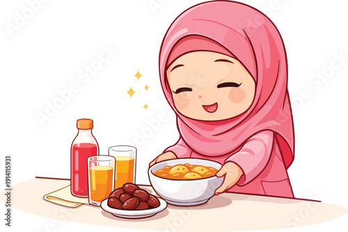 Adorable Muslim girl enjoying a traditional Ramadan breakfast with dates and juice, perfect for cultural or religious content
