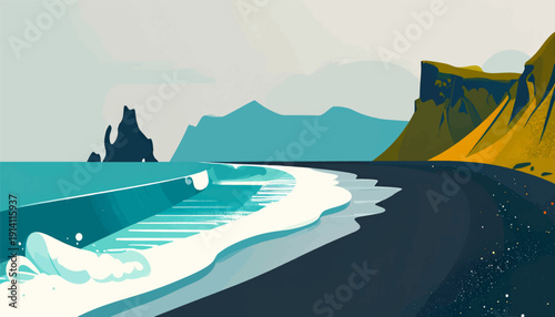 Stylized depiction of a rugged coastline with crashing waves onto a dark beach