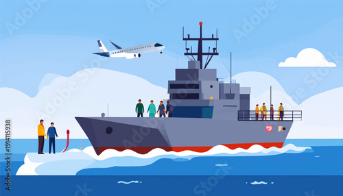 A modern jet plane flies over a large ship with people on deck and on a pier