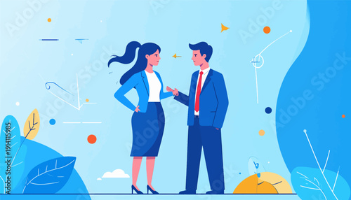 Diverse professionals in blue suits converse amidst abstract shapes and vibrant circles on a light blue background