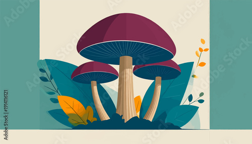 Whimsical forest scene with burgundy mushrooms and teal foliage