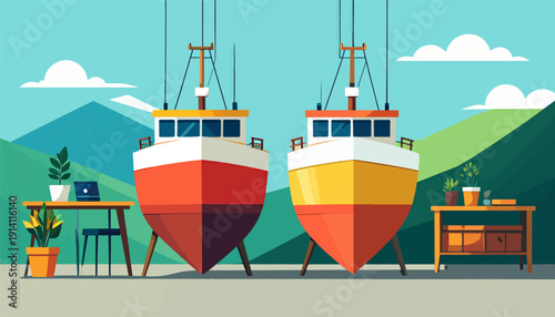 Two boats on dry land with desks, plants, and mountains in background