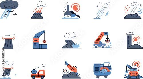 Natural Disaster and Emergency Response Icon Set with Flood, Earthquake, Storm, Volcano and Rescue Machinery Illustration