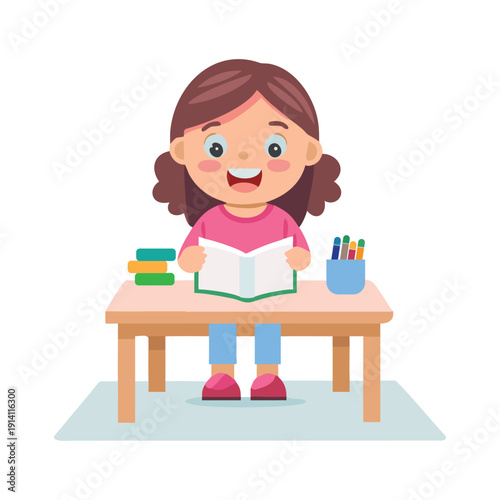 Preschool Girl Sitting Smile Character Classroom Education Cartoon Child Learning Happy Reading Play vector illustration