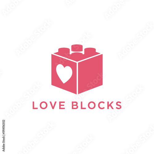 Pink toy brick with heart icon for children playgroup or creative charity and community foundation branding love blocks logo