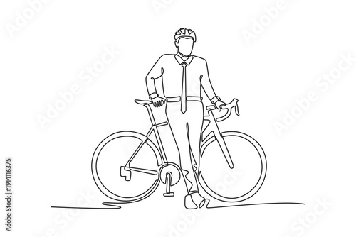 Businessman with a helmet leaning on a bicycle. Bike to work concept. Single line draw design. Full length animation illustration. High quality 4k footage