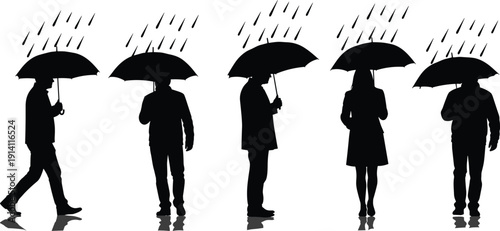 Black vector silhouette set of diverse people walking in the rain holding umbrellas for weather forecasting seasonal climate autumn storm and urban lifestyle branding,