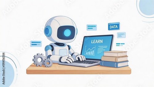 Wallpaper Mural Robot learning on laptop with books Torontodigital.ca