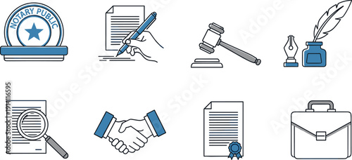 Notary Public and Legal Documentation Icon Set with Certification Seal, Contract Signing, Judge Gavel and Business Agreement Vector Illustration