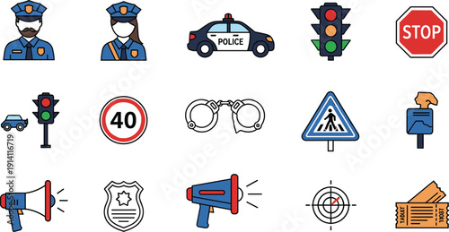 Police Law Enforcement and Traffic Control Icon Set with Patrol Car, Stop Sign, Handcuffs, Officers and Road Safety Symbols Vector