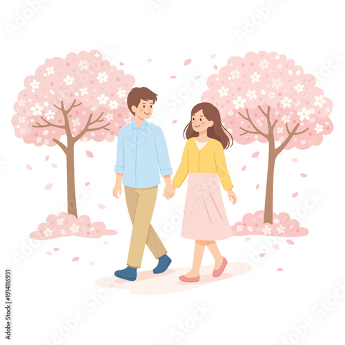 Couple Walking Under Cherry Blossom Trees – Spring Love and Romantic Sakura Season Illustration