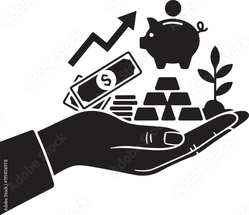 hand holding money and piggy bank with growing plant