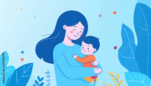 Gentle hug between a mother and child, surrounded by abstract plants and soft colors
