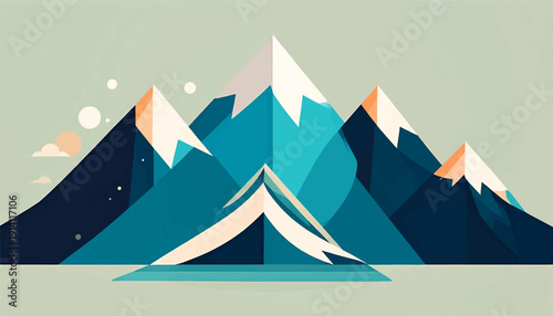 Stylized mountain range with snow-capped peaks under a pastel sky with scattered circles and clouds