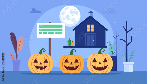 Spooky house scene with jack-o'-lanterns, a full moon, and decorative plants