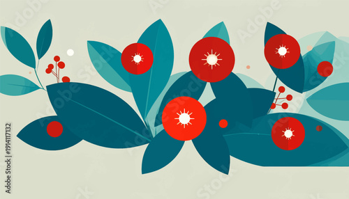 Abstract arrangement of deep teal leaves and vibrant red circular shapes on a muted background