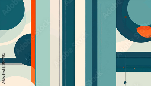Abstract art with overlapping shapes and vertical stripes in blue, orange, and cream tones