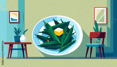Still life of okra and cheese on a plate, with potted plants, framed art, and a chair