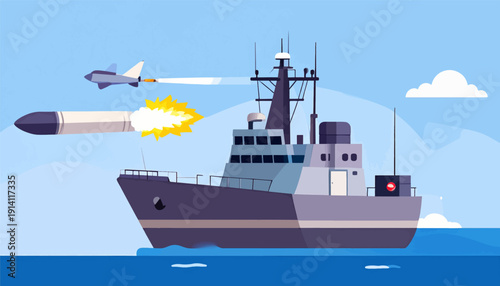 A naval vessel fires a missile at a drone, with a second missile exploding near it