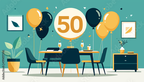 Festive 50th celebration with balloons, drinks, and art