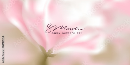 Spring ethereal gentle pink flower. Blurred unfocused background with flower. Soft gradient. Delicate macro botanical, natural vector illustration. 8 March lettering.