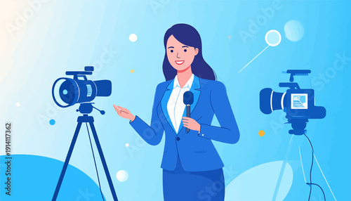 A news anchor with a microphone, facing two cameras on tripods, in a blue and white studio