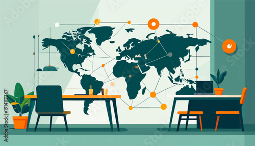 Modern office space with a world map display, connecting lines, desks, chairs, and potted plants
