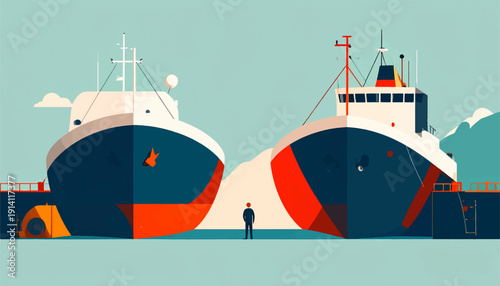 Two large cargo ships docked, a solitary figure stands between them against a pale sky