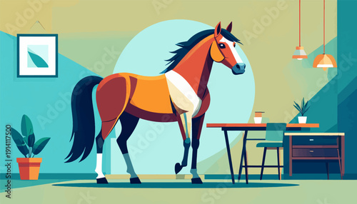 Stylized horse stands in a modern room with abstract art and plants