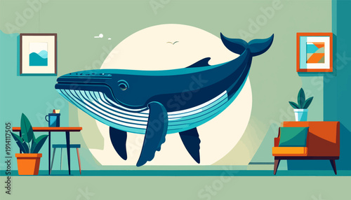 Whimsical interior scene with a giant whale as the focal point, surrounded by furniture and decor