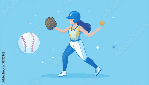 A person in a baseball uniform with a glove catches a ball, with another ball in the air