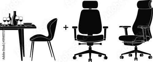 Black vector silhouette set of ergonomic office chairs and a dining table with chairs for interior design home office workplace furniture and lifestyle branding,