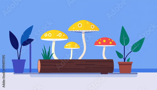 Whimsical scene with colorful mushrooms on a log, potted plants, and blue sky