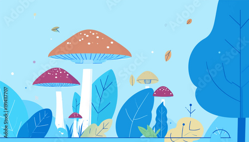 Whimsical woodland scene with stylized mushrooms and foliage in cool tones