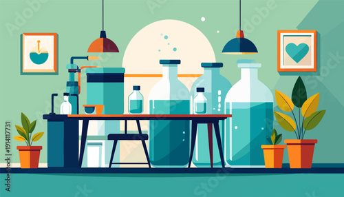 Stylized scientific laboratory with glass beakers, flasks, and potted plants
