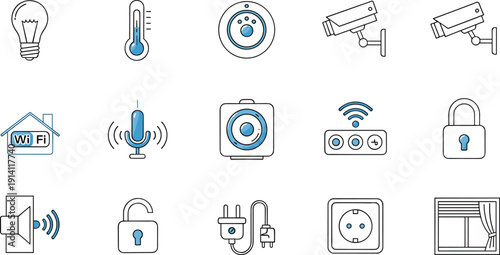 Smart Home Technology Icon Set with Security Camera, WiFi Control, Voice Assistant, Automation Sensors and IoT Devices Vector Illustration