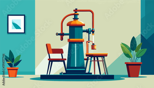 Industrial equipment with chairs and potted plants in a room setting