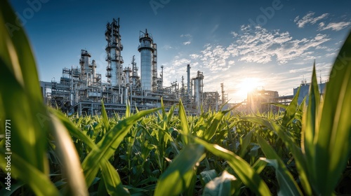 Industrial refinery plant behind a lush green corn field at sunset, symbolizing biofuel and sustainable energy production