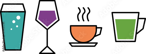 Refreshing drink set flat icon vector illustration with wine glass tea cup and juice