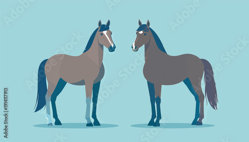 Two stylized horses, one lighter brown, one darker, stand against a pale blue backdrop