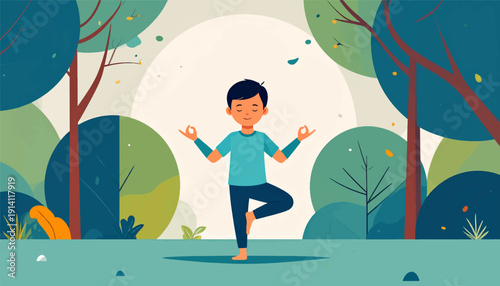 Young boy in tree pose meditating peacefully amidst abstract, stylized trees in a serene natural setting