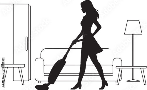 Woman Vacuuming in a Living Room silhouette furniture
