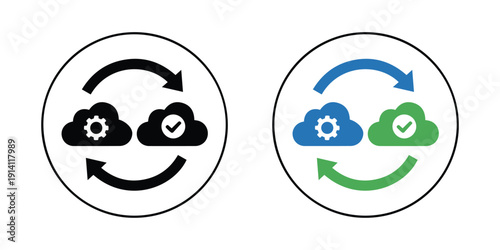 Cloud data sync vector icon set showing file transfer, storage, and digital network connection.