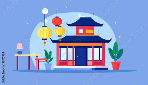 Stylized illustration of an East Asian building with lanterns and plants