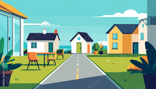 Suburban street scene with modern homes, lush lawns, and a clear blue sky